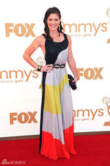 组图：63届艾美奖红毯 邦妮-本特利彩色长裙出挑