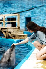 组图：潘辰海洋馆甜美写真 与海豚亲密接触俏皮