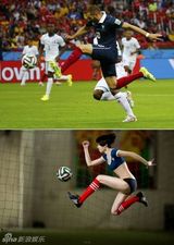 组图：性感足球宝贝搞怪还原世界杯经典瞬间