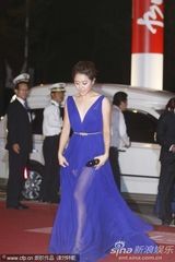 组图：文根英蓝色深v长裙性感亮相釜山红毯
