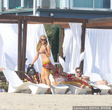 组图：希尔顿条纹比基尼无料可秀 遭爱犬扯裙角