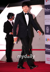 组图：金雅中灰色纱裙秀美腿 携池城亮相釜山红毯