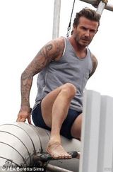 组图：贝克汉姆超短裤爬屋顶拍广告 大腿健硕