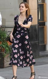 组图：沃特森黑色花朵长裙知性 与友人开心热聊