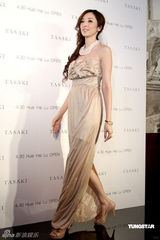 幻灯图：吴佩慈为珠宝代言吸金 米色低胸长裙秀性感