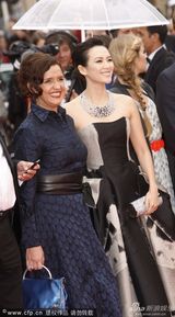 组图：章子怡灰墨裹胸裙走红毯妆容精致