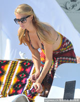 组图：希尔顿条纹比基尼无料可秀 遭爱犬扯裙角