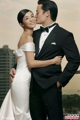 组图：杨采妮婚纱照曝光 鱼尾装长裙紧抱新郎