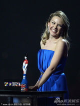 组图：凯莉-米洛蓝色抹胸裙露美背 颁奖拥抱阿黛尔